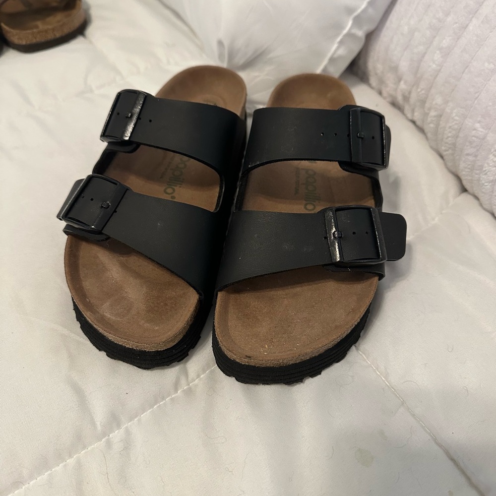Birkenstock Black Two-Strap Sandals with Brown Footbed